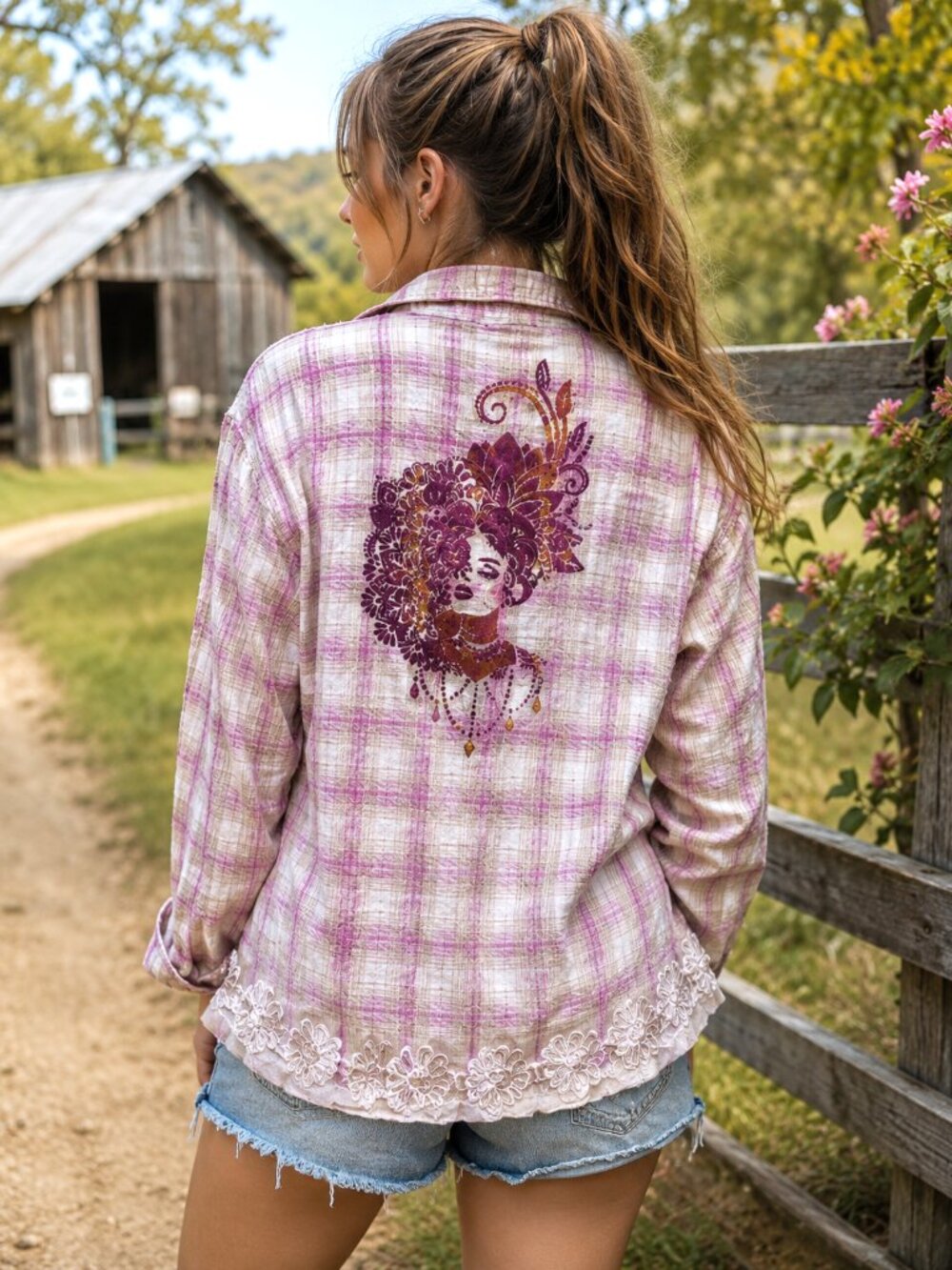 Upcycled Bleached Flannel Shirt, Painted Fancy Lady Lace Hem Pink Purple Small